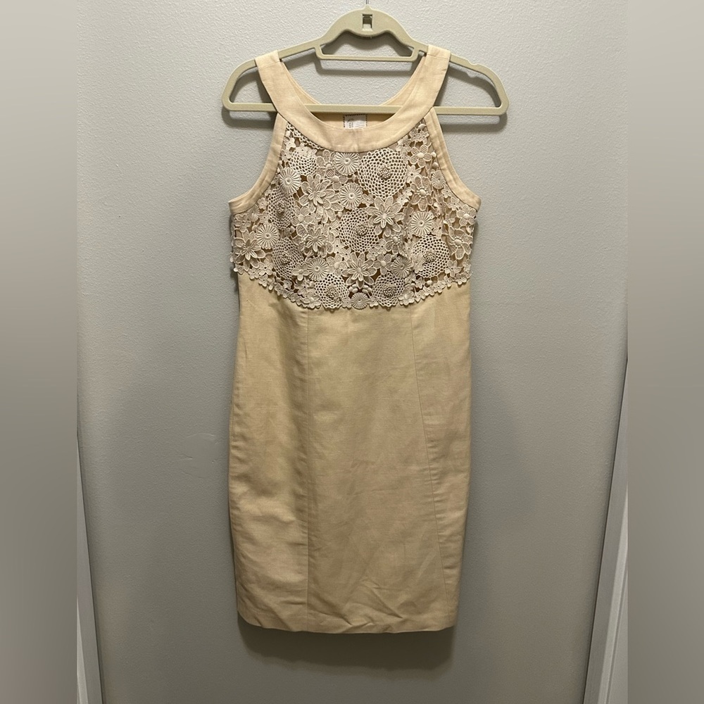 Anthropologie Postage Stamp Oleander crochet Linen Sheath Dress Size 10 Cream - Picture 2 of 14